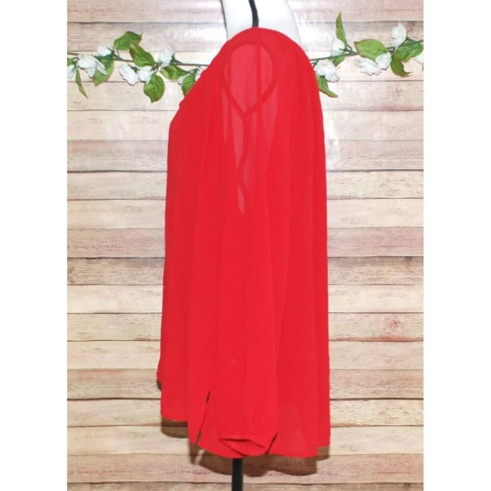 Carmen Marc Valvo Red Blouse Tunic Plus Size 3X Zip Up Tie Up Keyhole Neckline - Picture 5 of 10